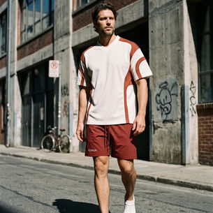 Man in white-and-rust sportswear walks down a sunny urban street past graffiti-covered concrete buildings; YESHUA on shorts.