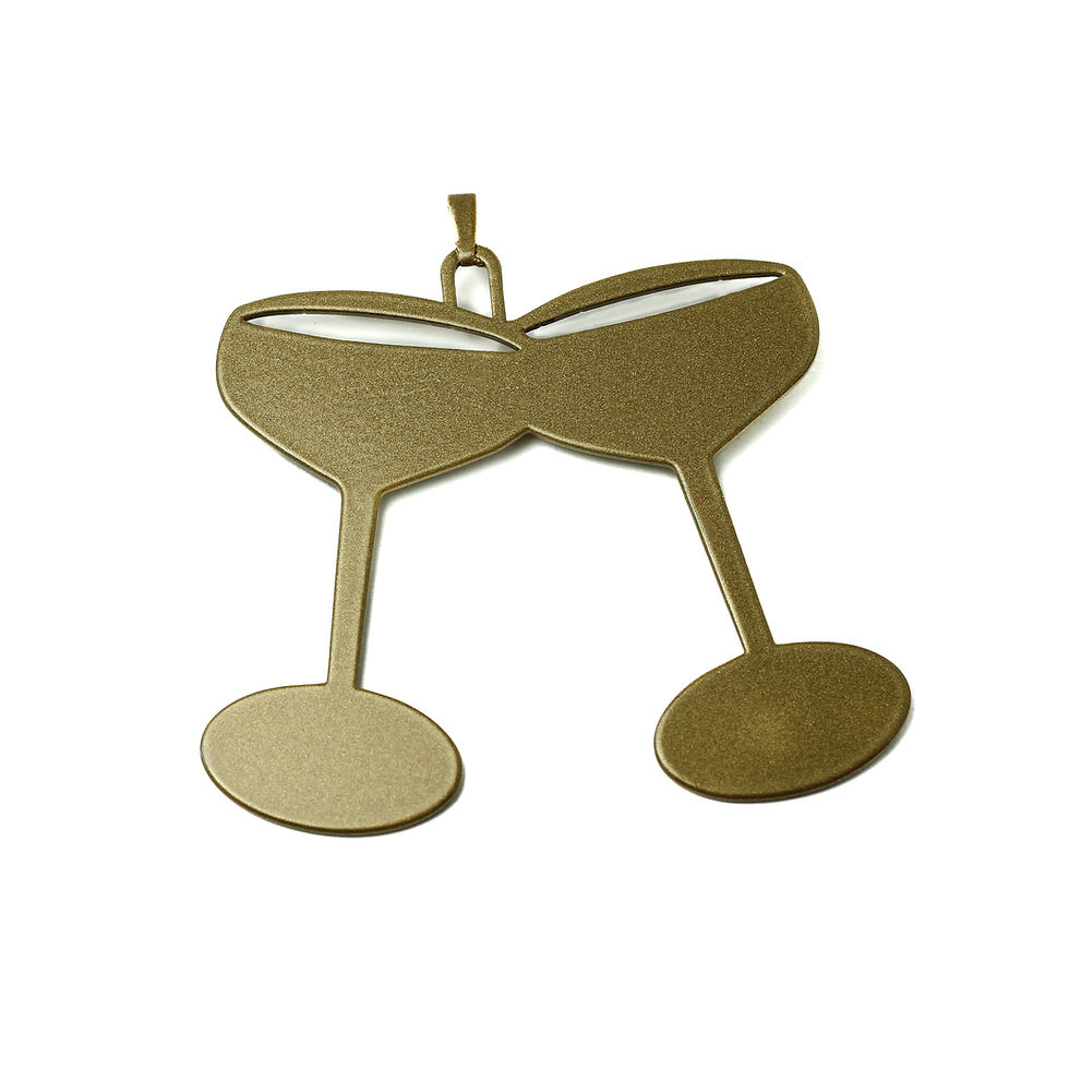 Gold champagne coupes charm with two glasses clinking.