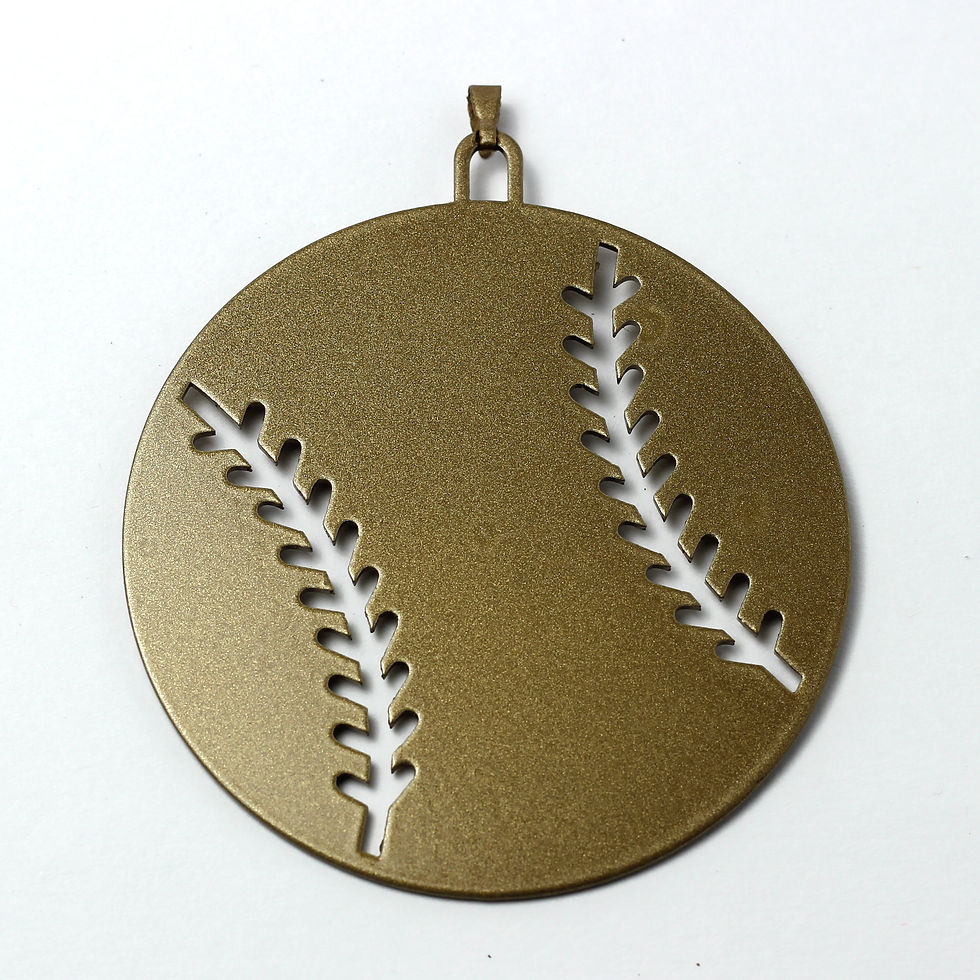 Bronze baseball charm with cutout stitching details.