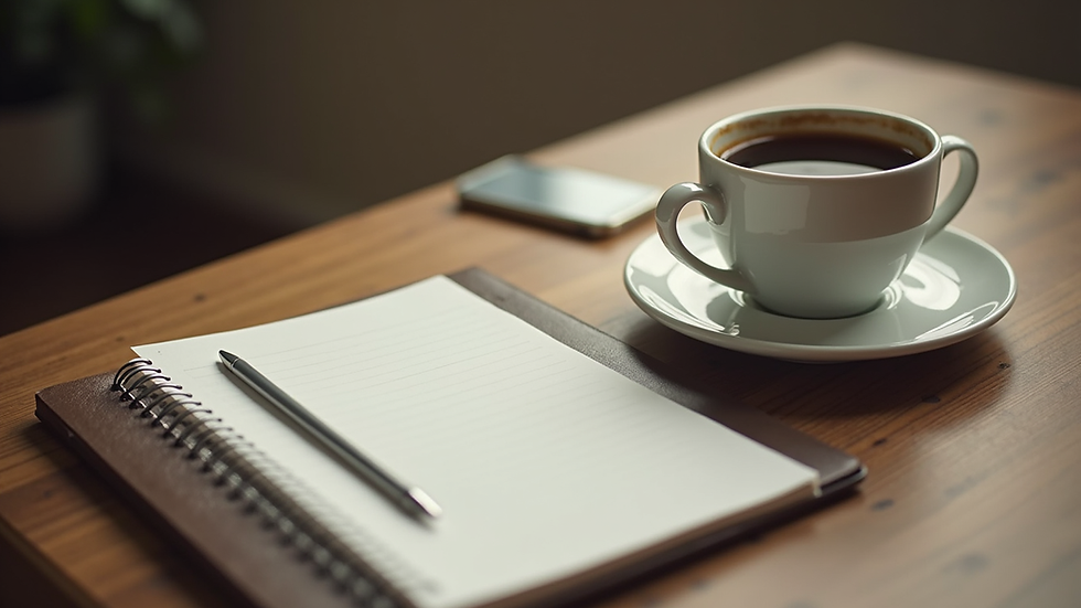 Eye-level view of a cozy workspace with a notebook and a cup of coffee