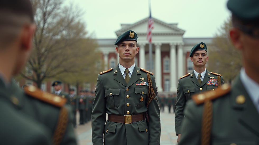 Eye-level view of a military academy campus with cadets in uniform