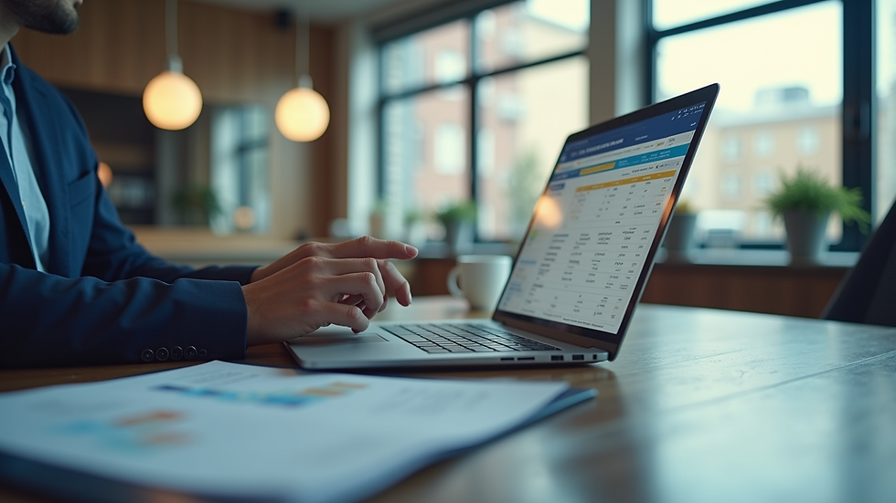 Eye-level view of a modern office workspace with HR and payroll software on a laptop