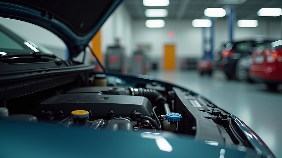 Eye-level view of a car engine being inspected in a garage