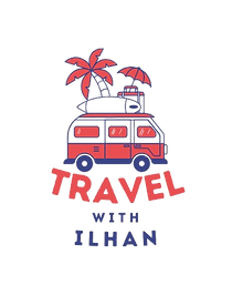 Logo Travel_withIlhan, van avec un palmier, parasol et autres objets de plage