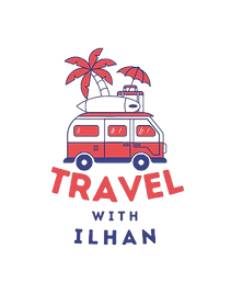 Logo Travel_withIlhan, van avec un palmier, parasol et autres objets de plage