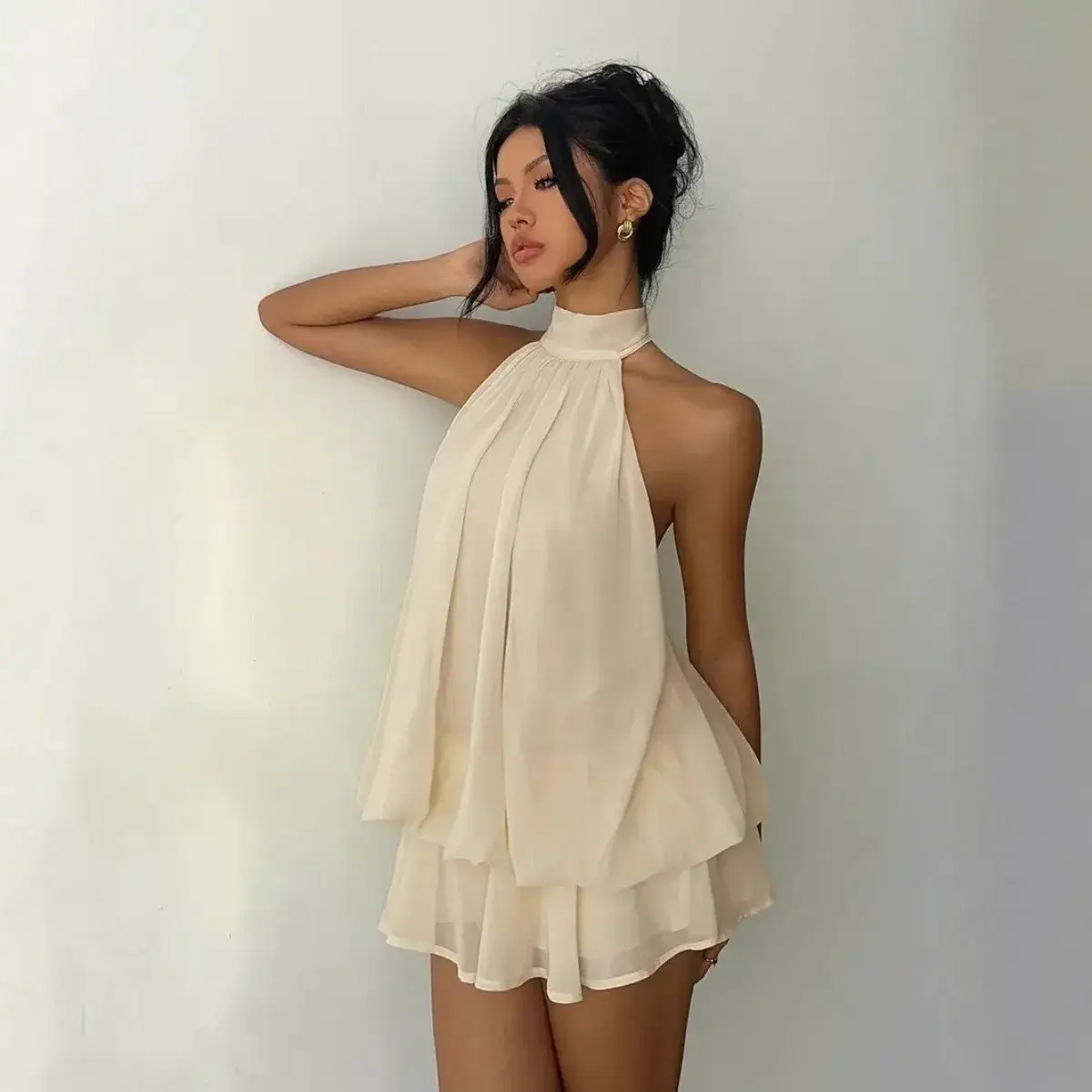 Halter Neck Tie-Front Chiffon Sheer Mini Skirt Dress