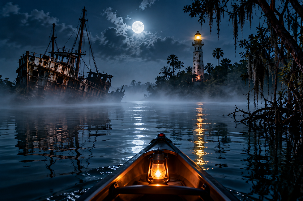 Nighttime canoe on misty water near a lighthouse and shipwreck