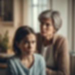 Äiti istuu tyttärensä takana vihainen ilme kasvoillaan.