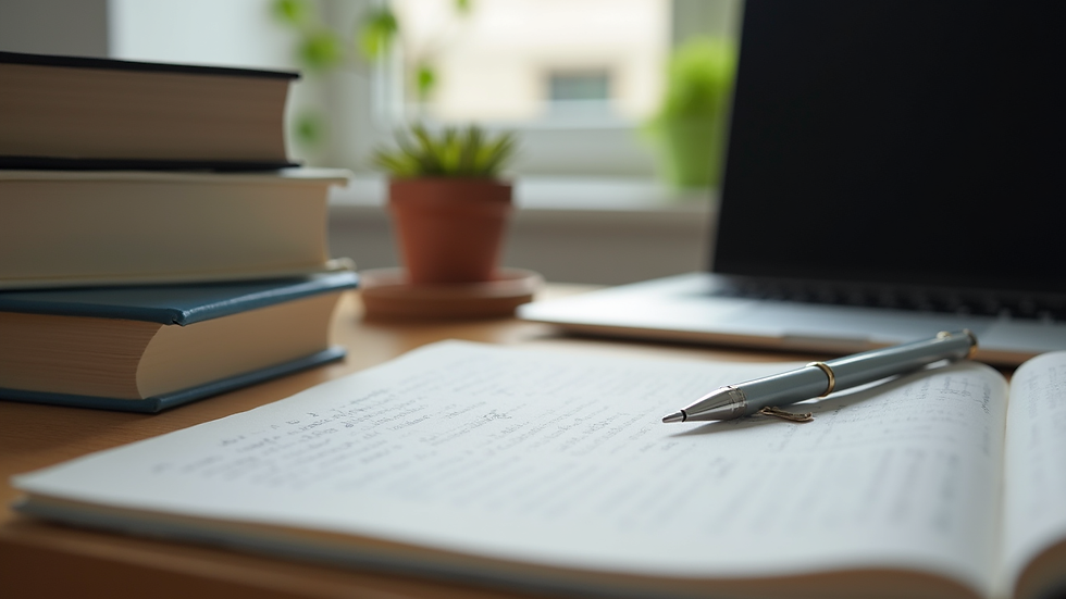 Eye-level view of a desk with academic books, notes, and a laptop