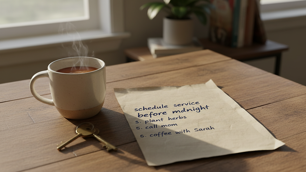Eye-level view of a handwritten weekend task list beside a mug and keys.