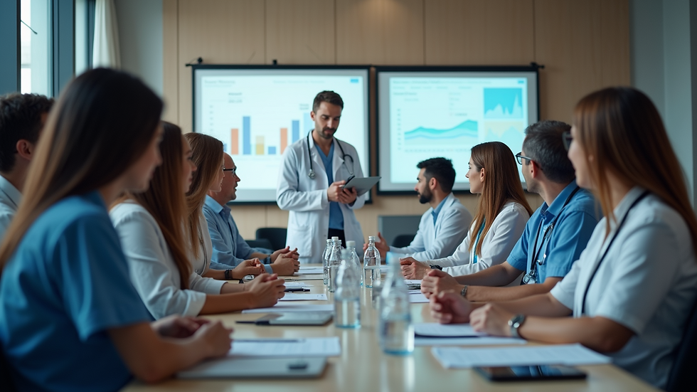 High angle view of a healthcare conference with professionals networking