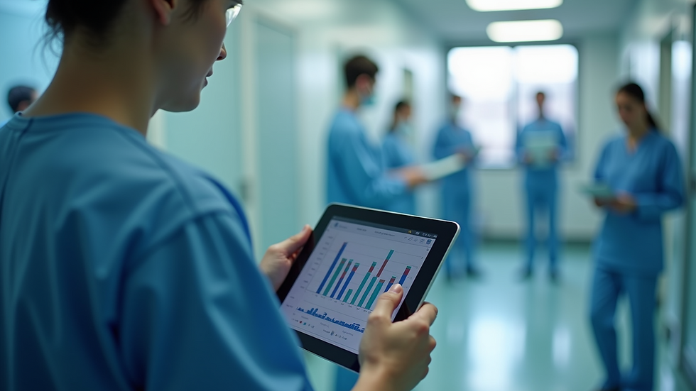 Close-up view of a healthcare professional reviewing operational data on a tablet