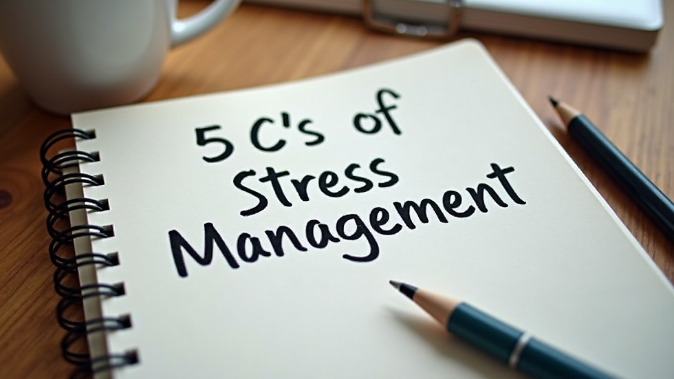 High angle view of a notebook with the 5 C's of stress management written on it