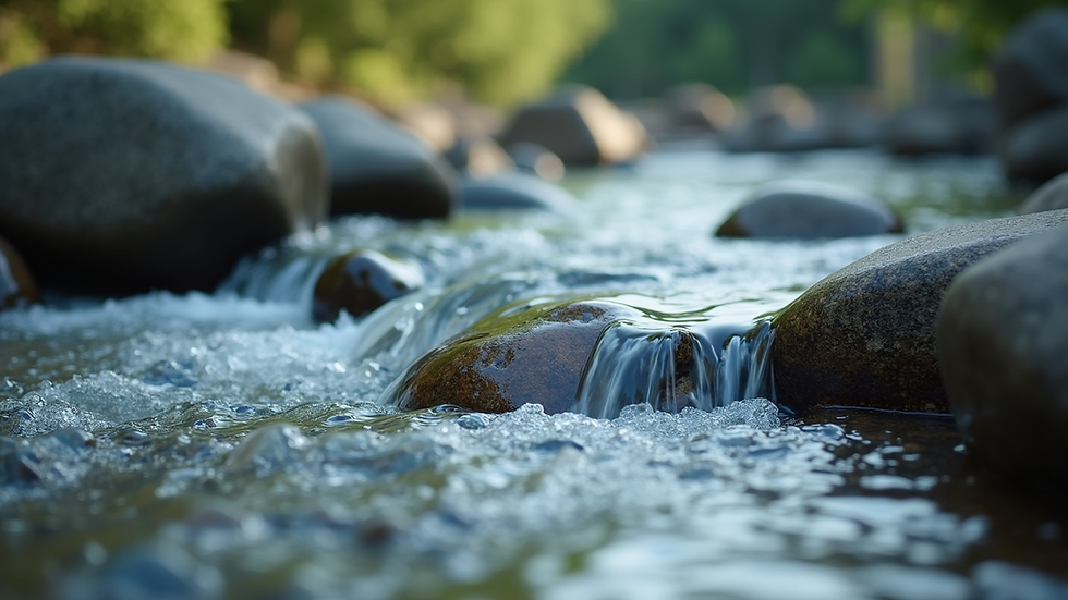 Close-up view of calming water flowing over smooth stones