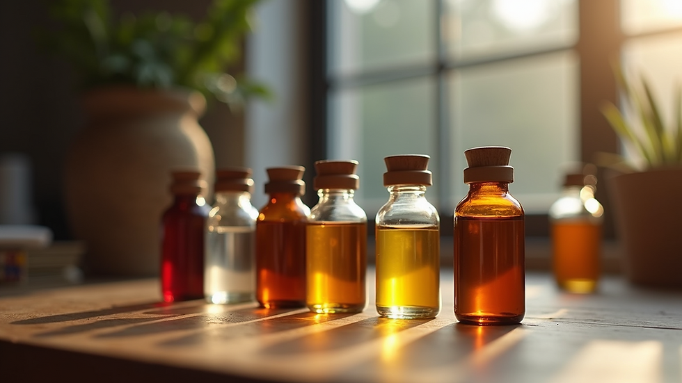 Close-up view of various tincture bottles on a wooden table