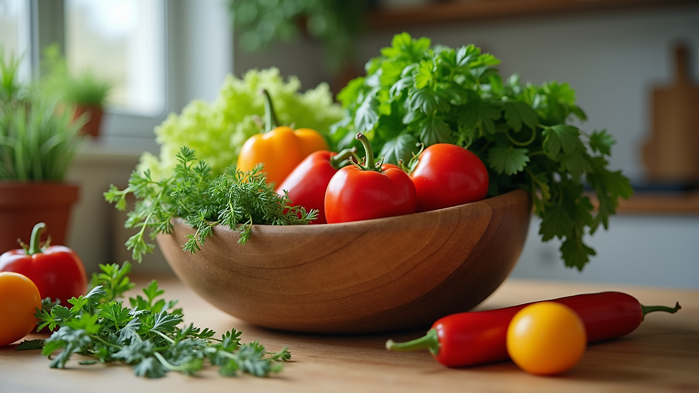 Eye-level view of a colorful bowl of fresh vegetables and herbs on a kitchen counter