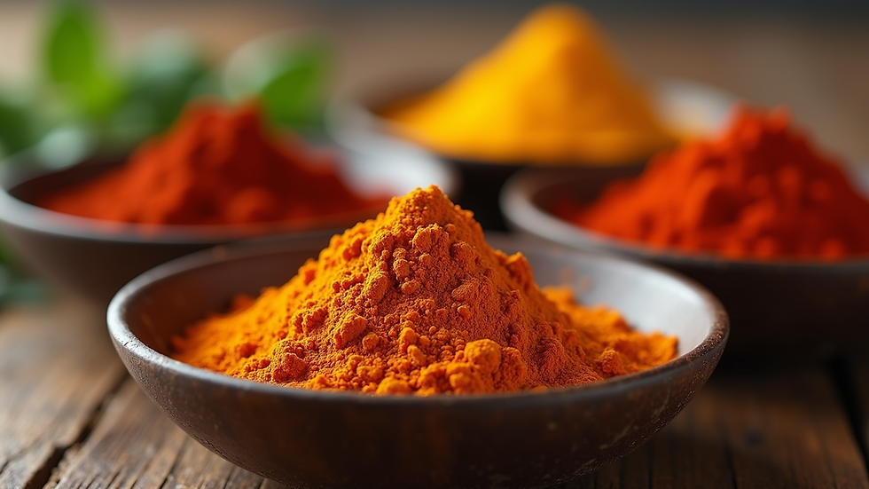 Close-up view of vibrant spices in individual bowls