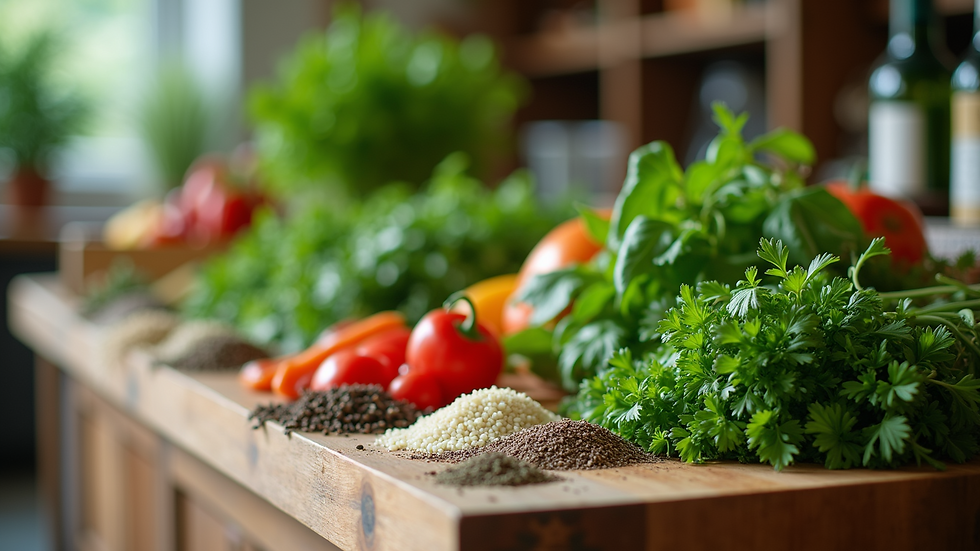 Eye-level view of a diverse selection of herbs on a wooden counter
