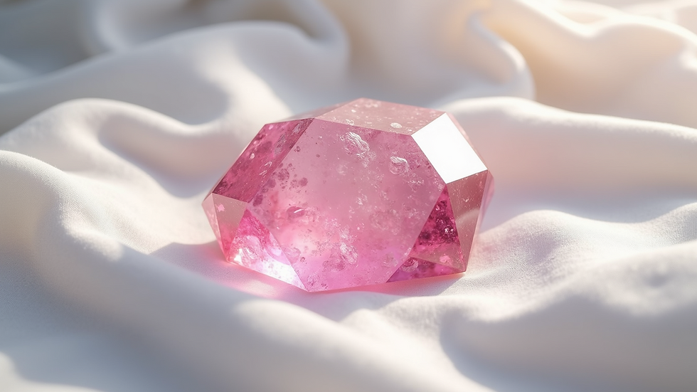 Eye-level view of a vibrant rose quartz crystal on a bed of white cloth
