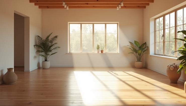 Eye-level view of a serene yoga studio with natural light and wooden floors