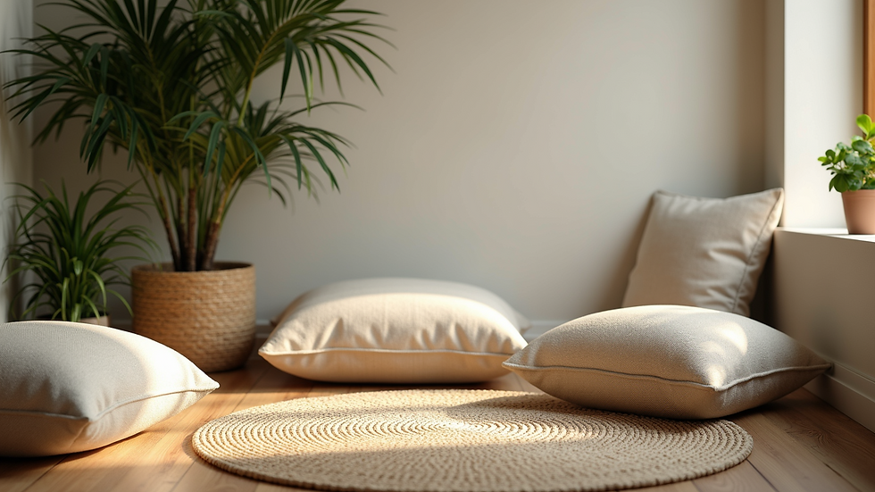 Close-up of a cozy meditation corner with cushions and plants