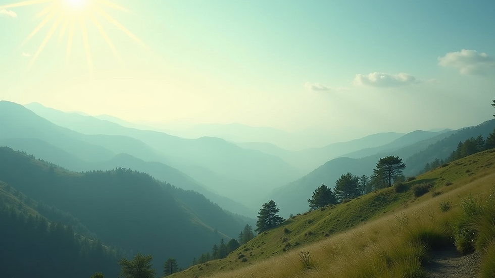 High angle view of serene hills under a bright sky emphasizing spiritual tranquility