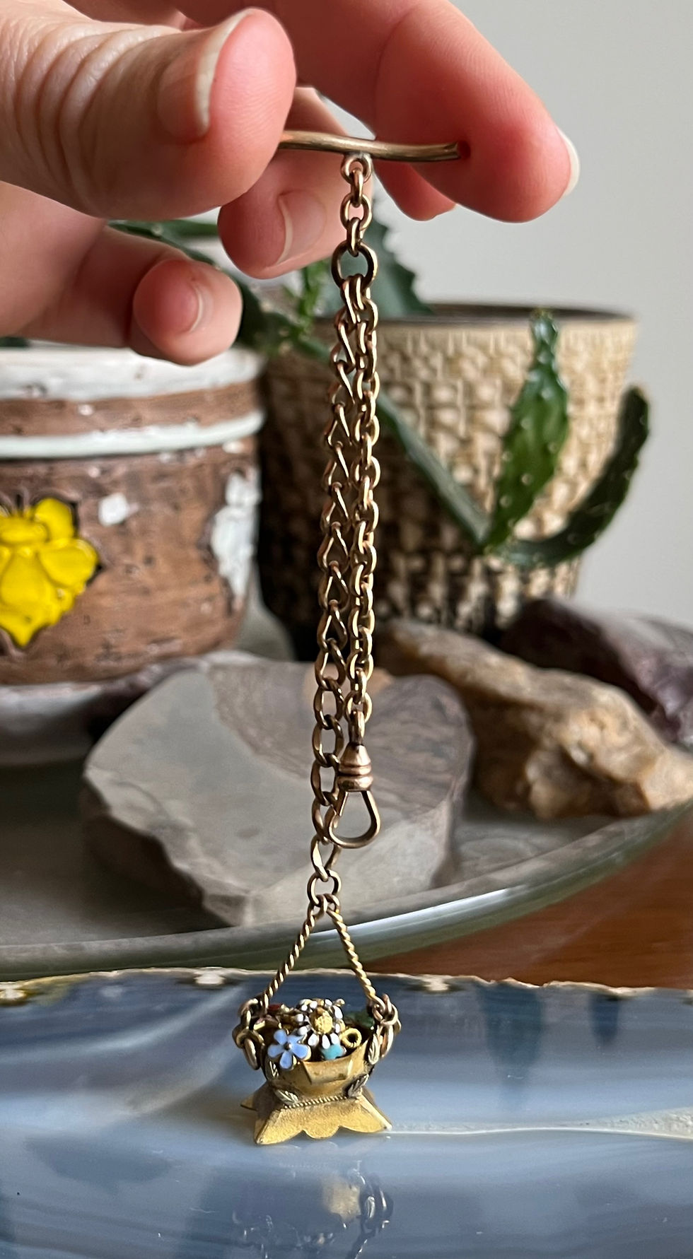Thumbnail: Antique Gold Filled Albertina Watch Chain T Bar and Enamelled Flower Basket Fob