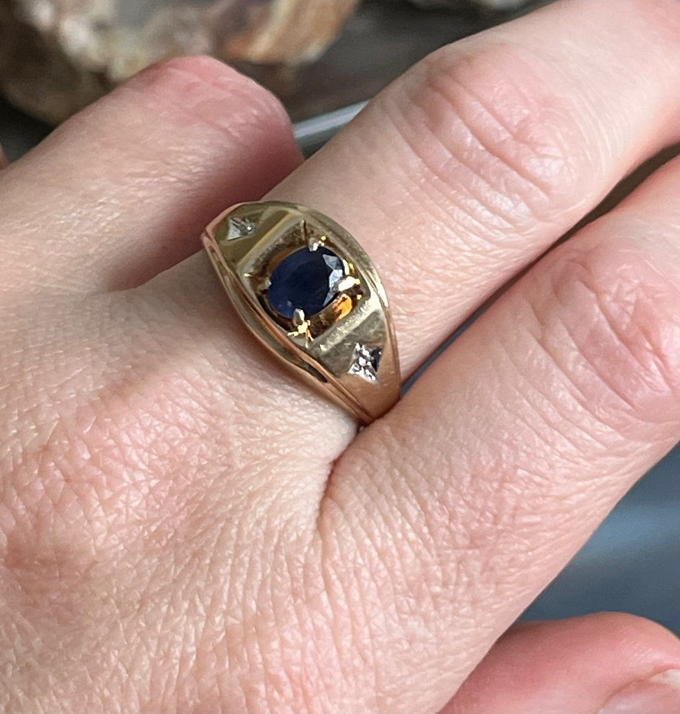 Thumbnail: Vintage Art Deco Style 10K Gold Sapphire and Diamond Signet Ring Mens or Ladies