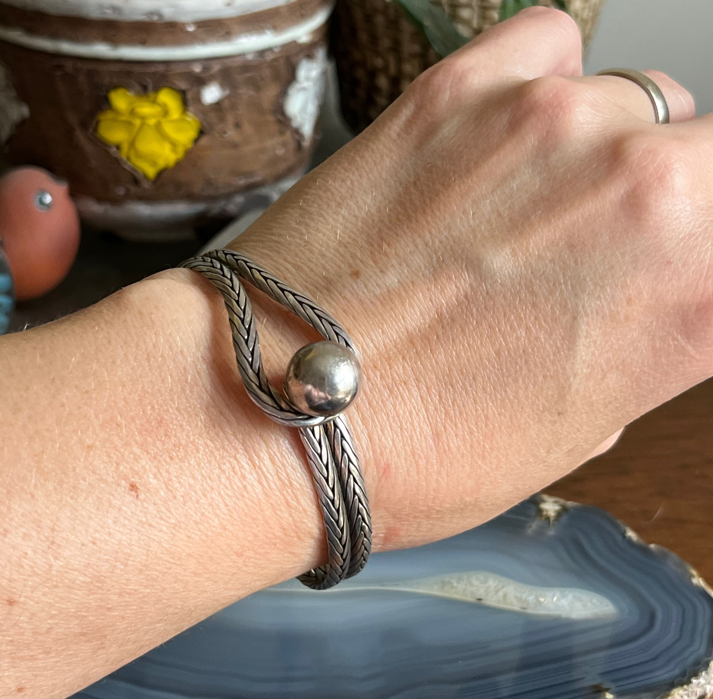 Vintage Woven Sterling Silver Bali Style High Ball Buckle Bangle Bracelet