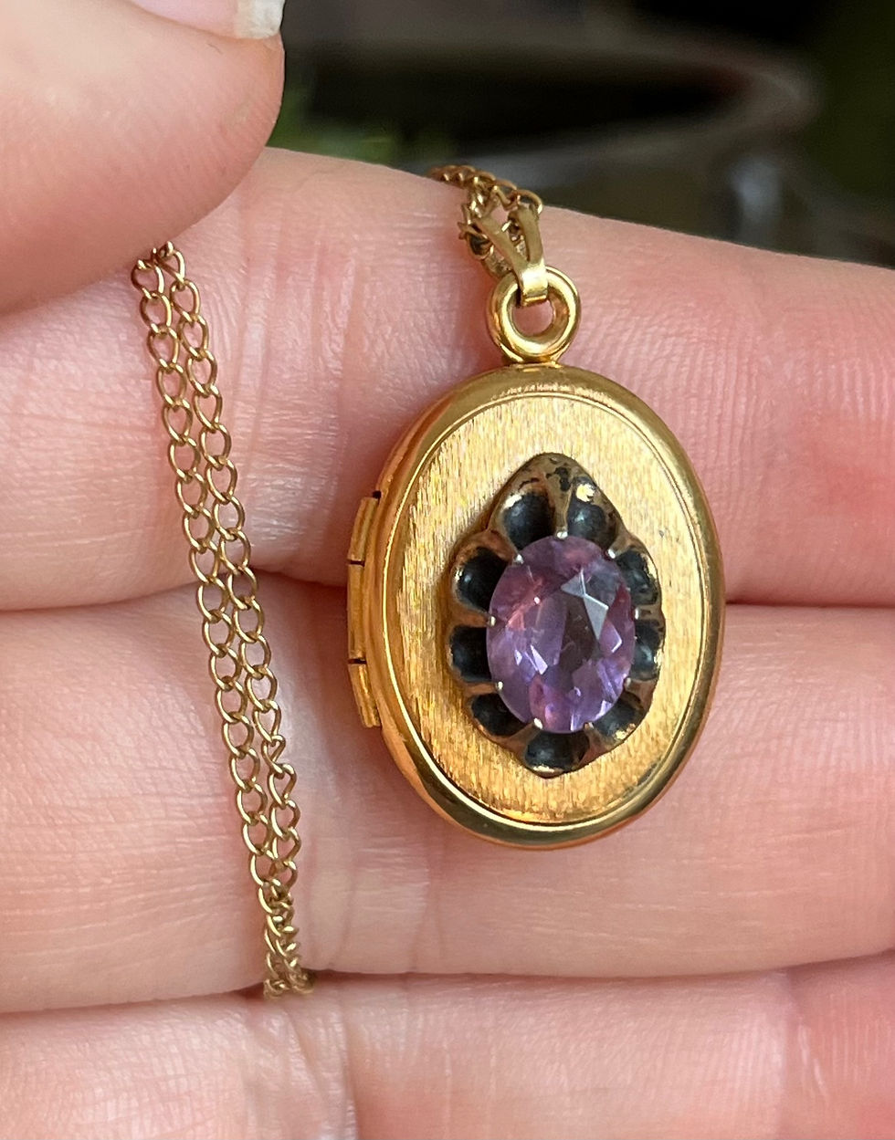 Thumbnail: Vintage Gold Filled Amethyst Belcher Oval Photo Locket Necklace