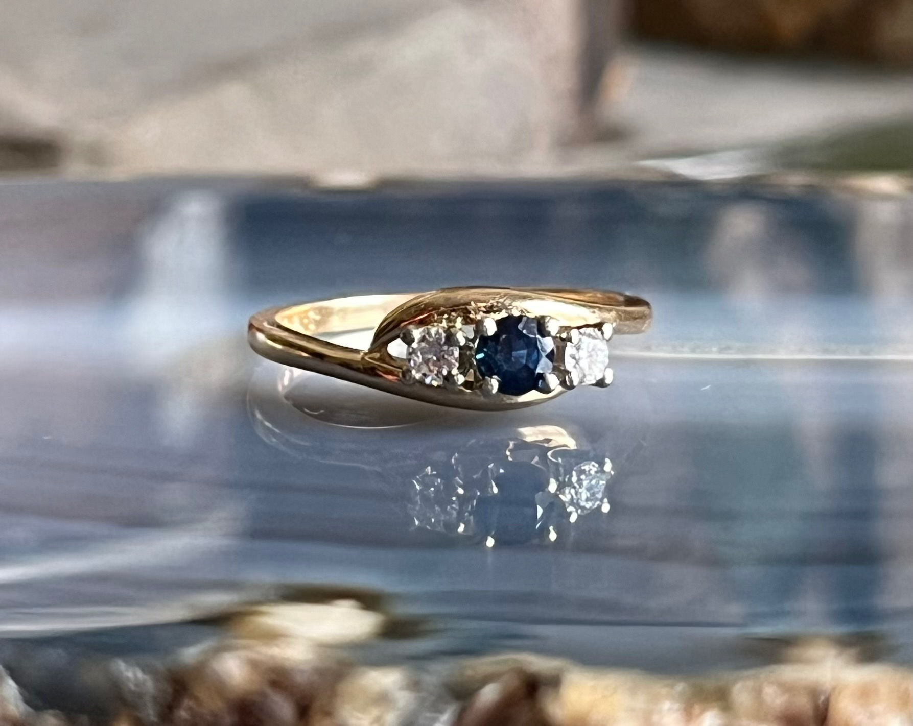 Vintage 14K Trilogy Ring Diamond and London Blue Topaz