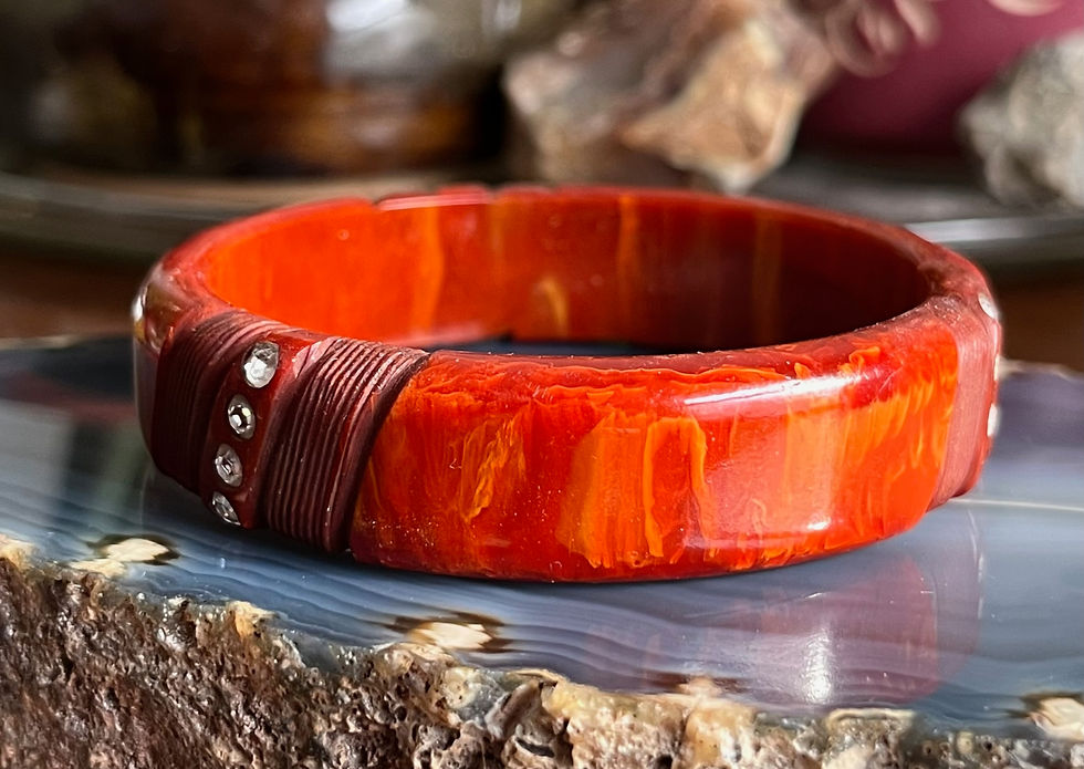 Thumbnail: Vintage Carved Rhinestone Embedded Ketchup & Mustard Marbled Bakelite Bangle