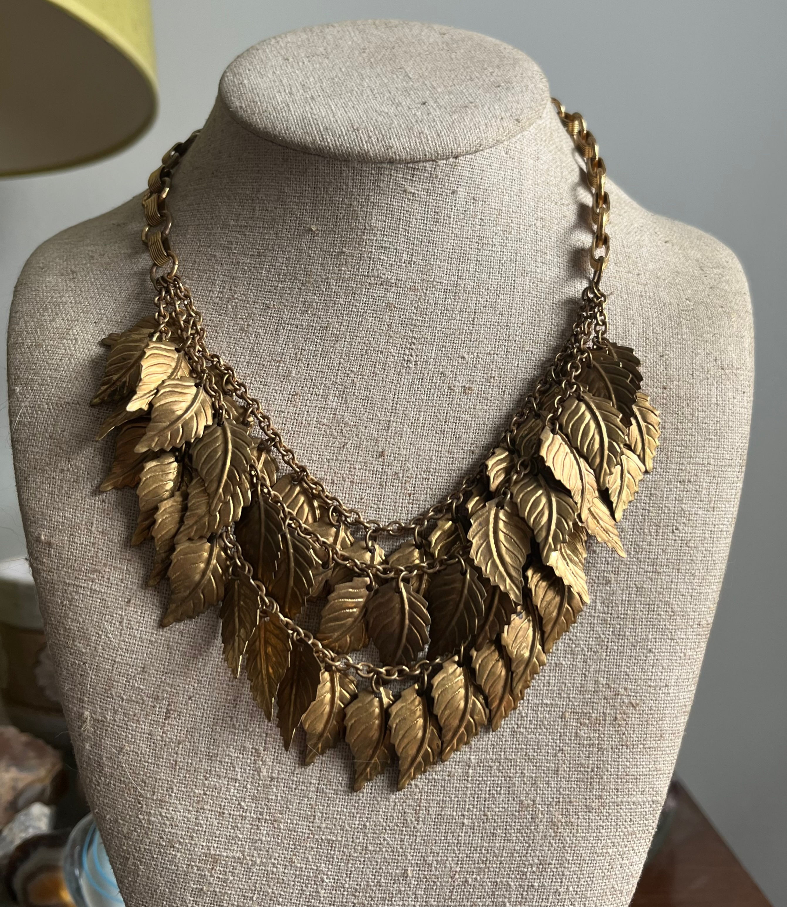 Spectacular Vintage Miriam Haskell Triple Strand Dangling Leaf Bib Necklace