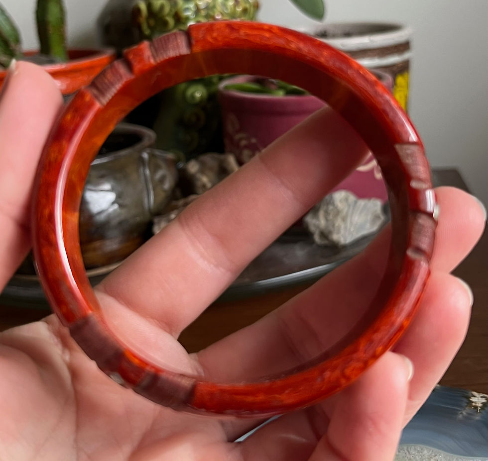 Thumbnail: Vintage Carved Rhinestone Embedded Ketchup & Mustard Marbled Bakelite Bangle