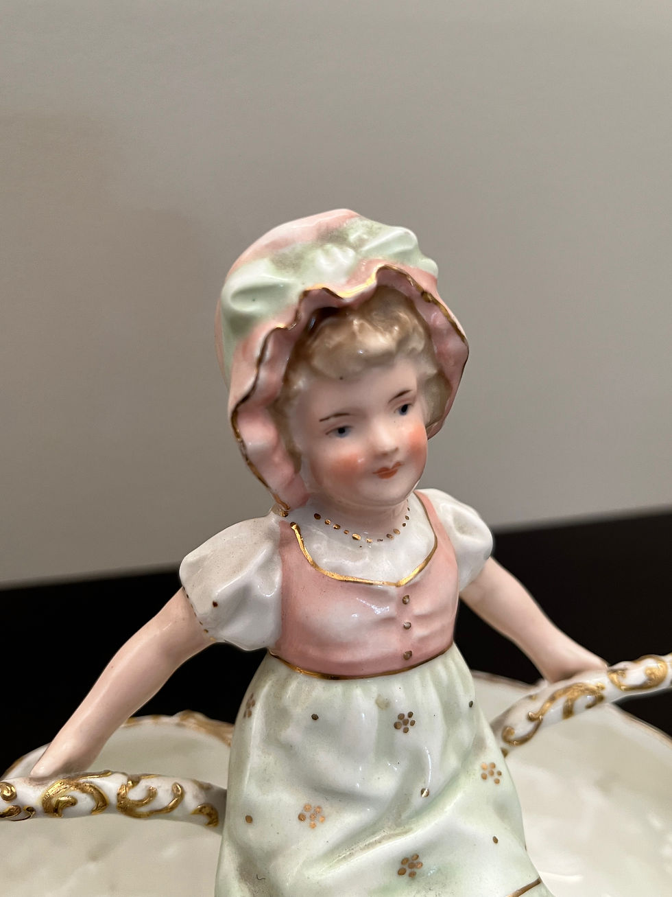 Thumbnail: Antique Dresden Style German Porcelain Girl with Double Baskets
