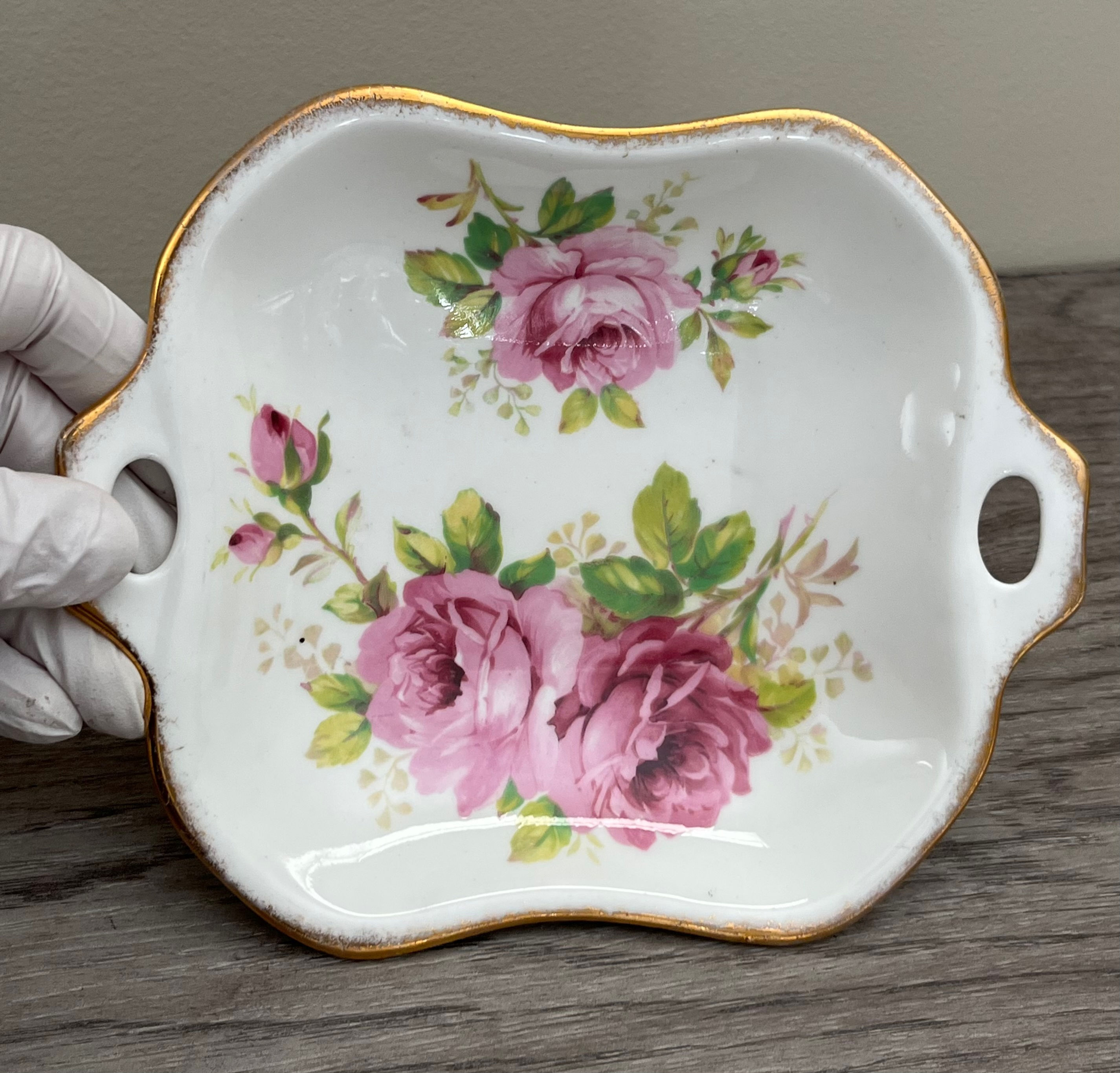 Vintage Royal Albert Bone China American Beauty Square Handled Bonbon Dish