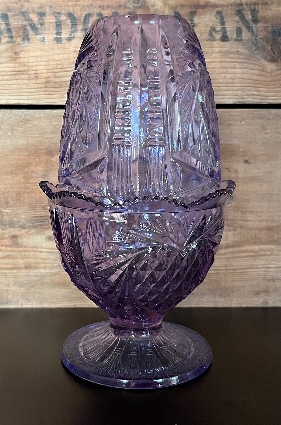 Thumbnail: Vintage Fenton Pineapple Heart Purple Amethyst Wisteria Glass Fairy Lamp