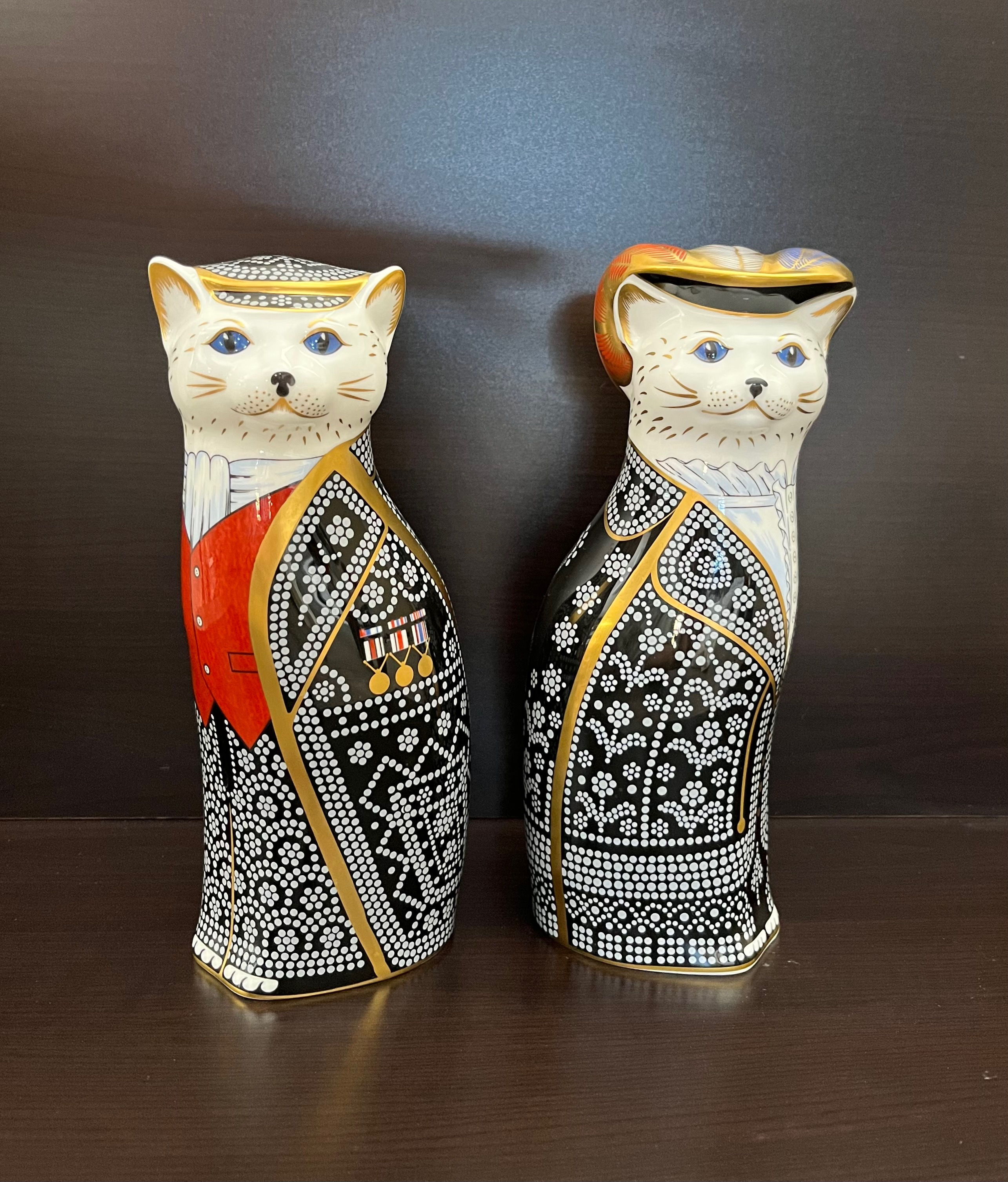 Royal Crown Derby Diamond Jubilee Pearly King and Queen Cat Paperweights