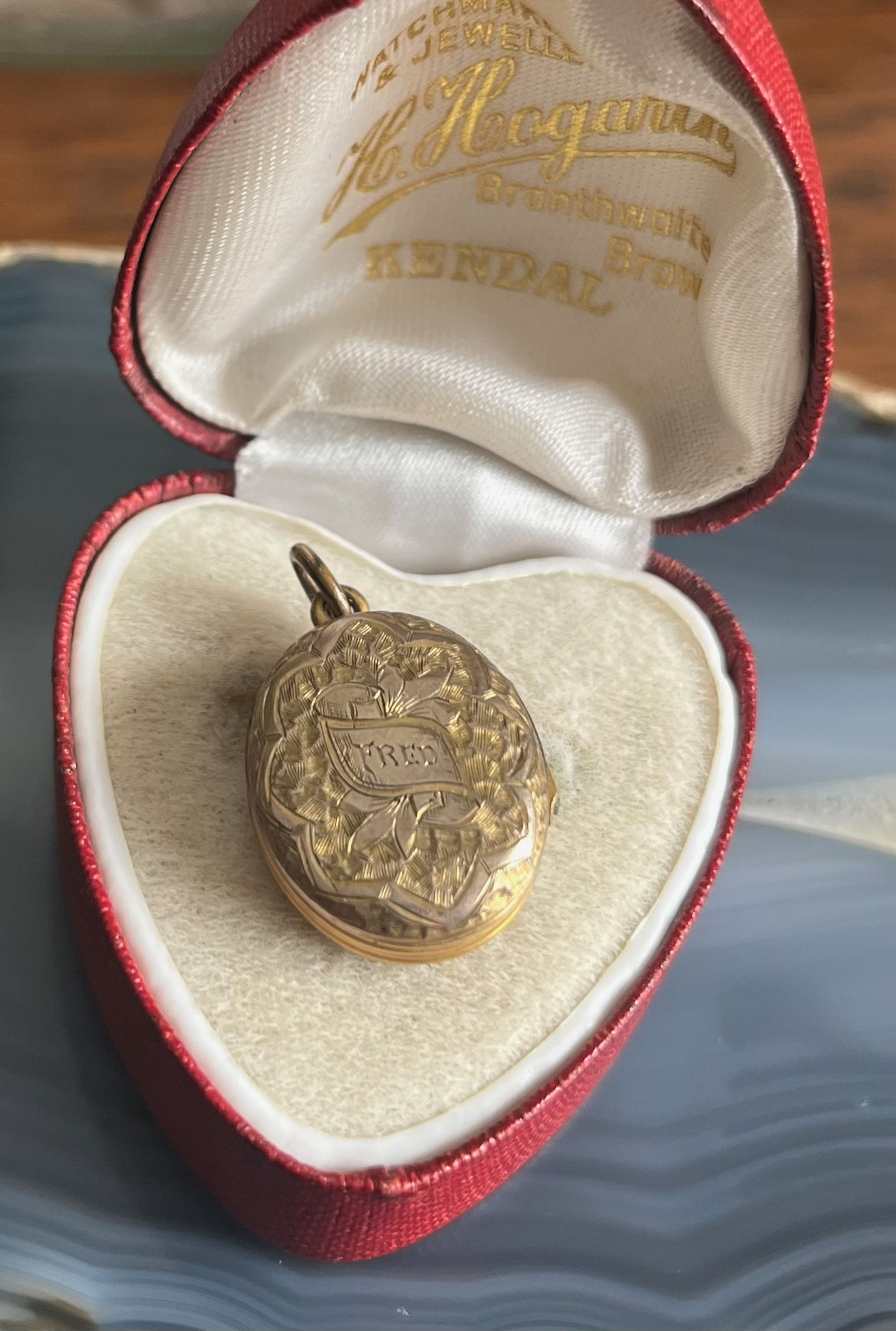 Antique Victorian Heavily Engraved Oval Gold Filled Mourning Photo Locket "Fred"
