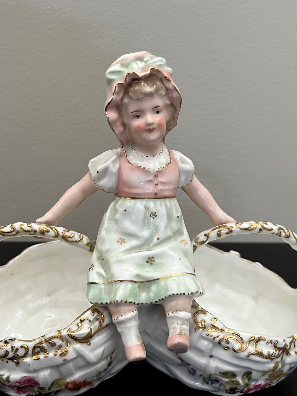 Thumbnail: Antique Dresden Style German Porcelain Girl with Double Baskets