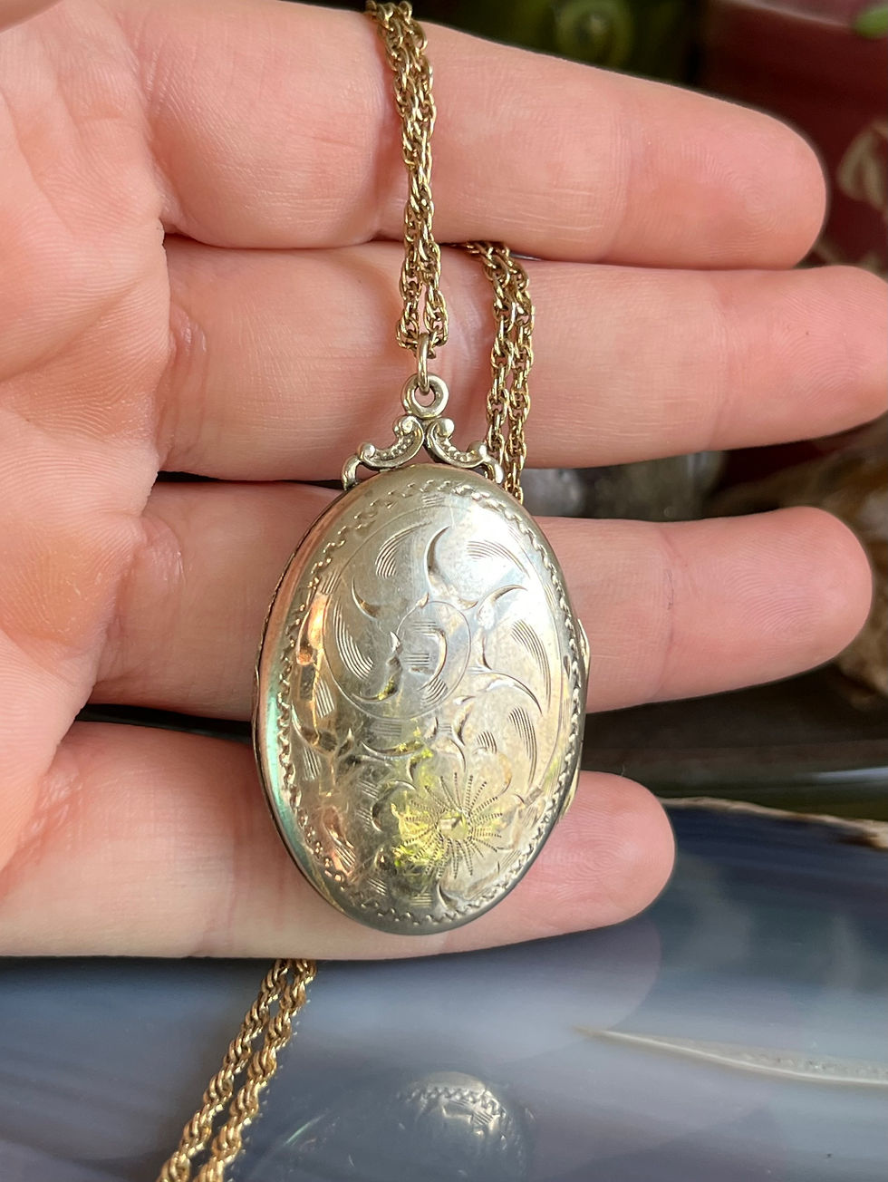 Thumbnail: Large Vintage Burkhardt Gold Filled Sterling Silver Oval Photo Locket Necklace