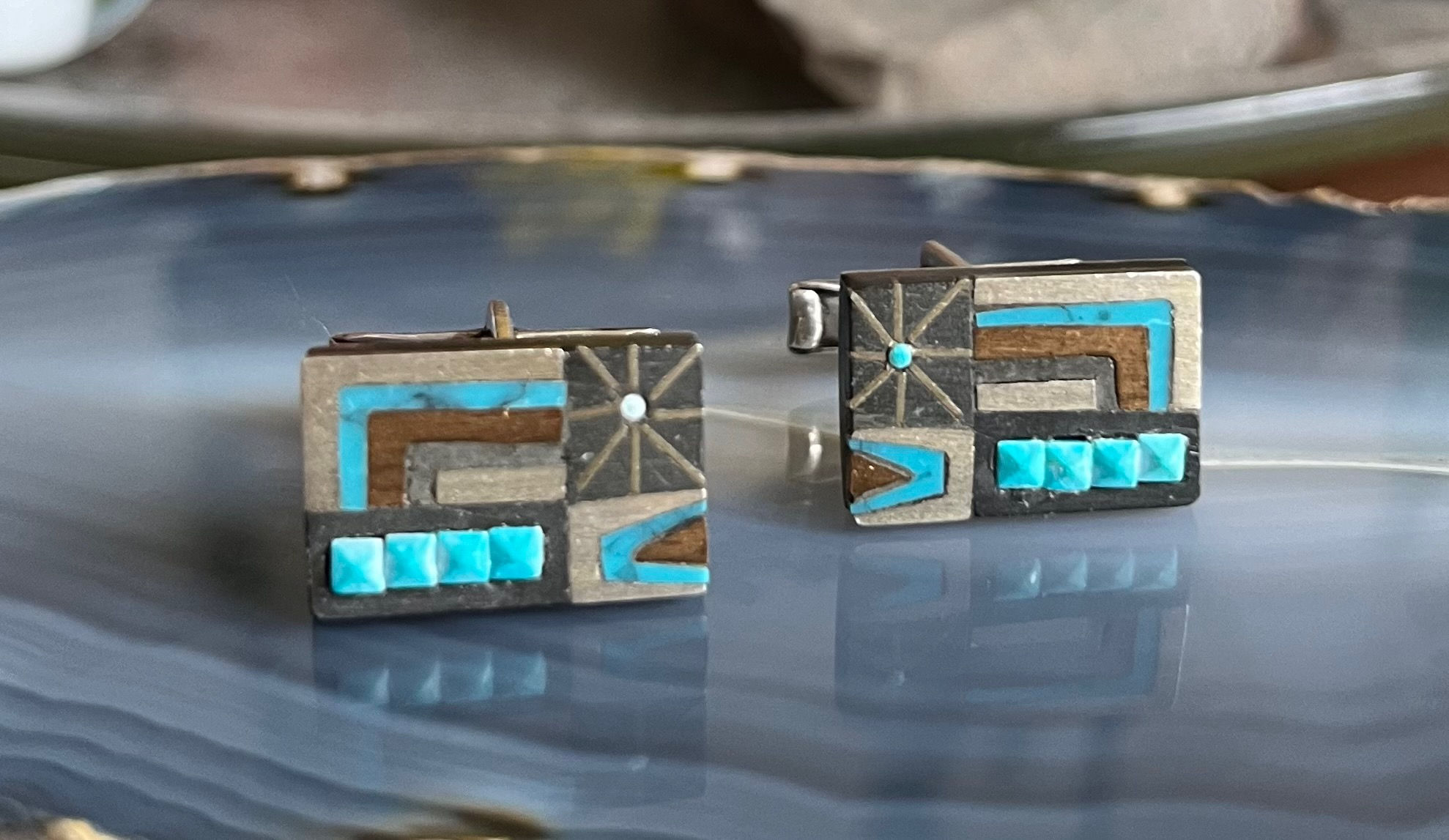 Vintage Modernist Cecilia Tono Piedra Negra Taxco Mexico Sterling Cuff Links