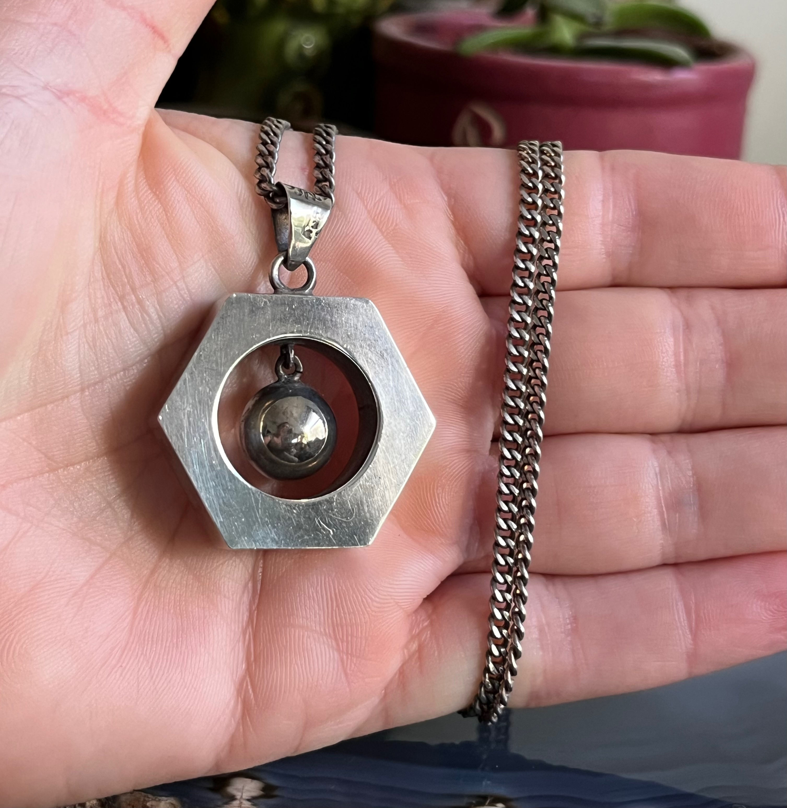 Vintage Mexican Sterling Silver FNM Taxco Modernist Kinetic Pendant & Chain