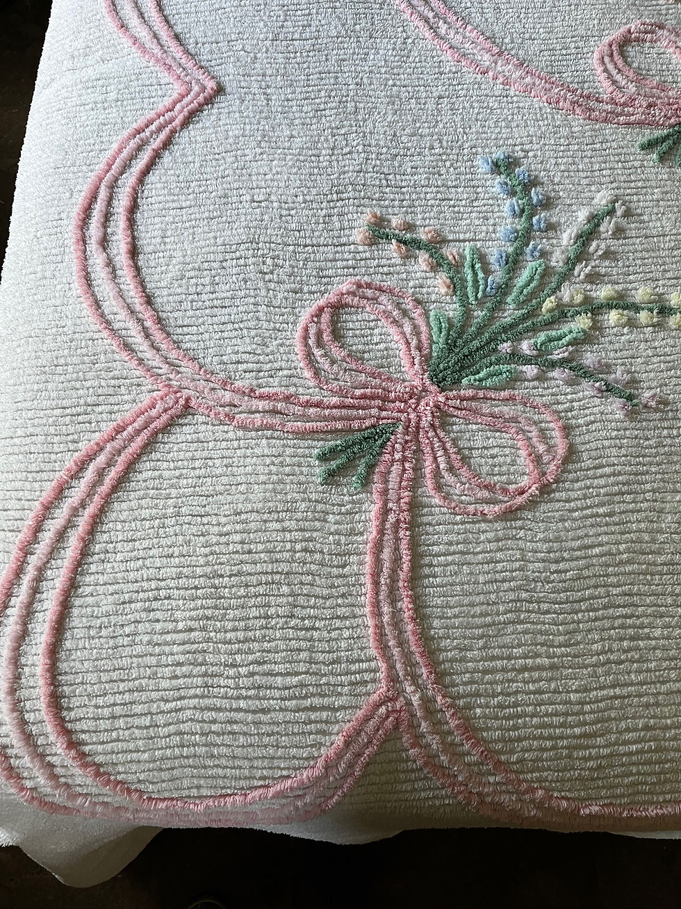 Thumbnail: Vintage Ribbon Tied Bouquet Chenille Bedspread Blanket