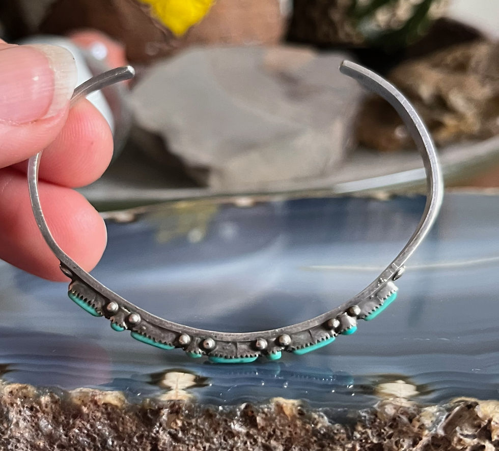 Thumbnail: Vintage Zuni Silver and Turquoise Petit Point Narrow Cuff Bracelet