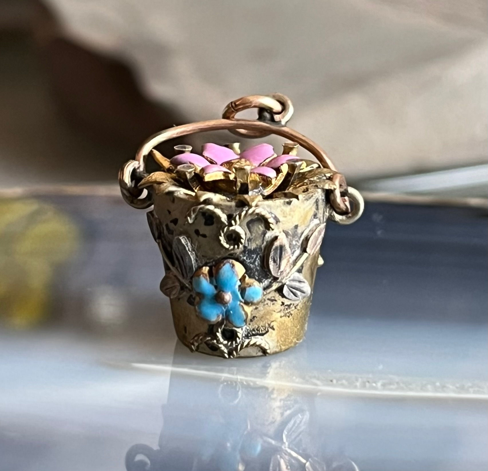 Antique Gold Filled Watch Chain Fob Pendant Enamelled Flower Pail