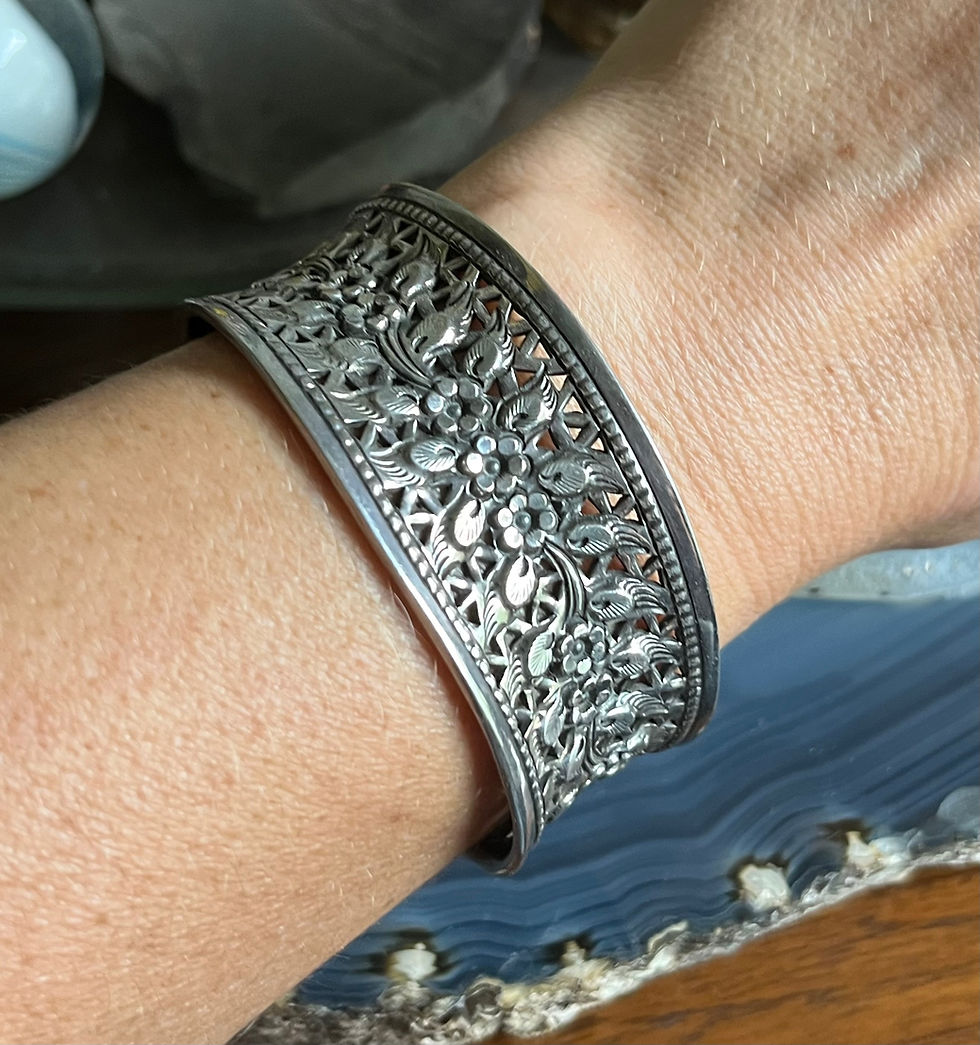 Thumbnail: Vintage Sterling Silver Repousse Pierced Floral Cuff Bracelet