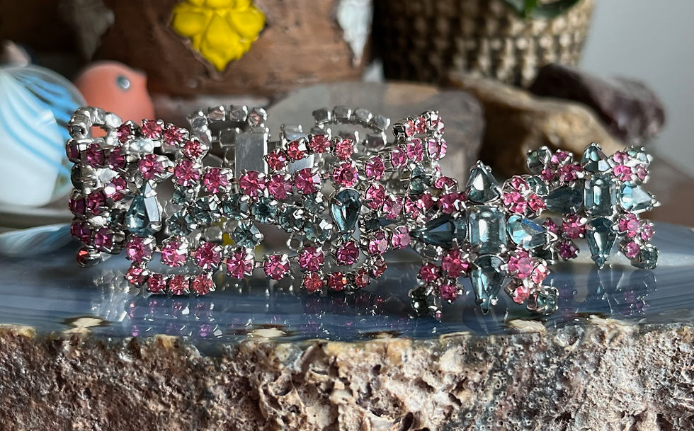 Thumbnail: Vintage Pink and Icy Slate Grey Blue Mid Century Rhinestone Bracelet Earrings