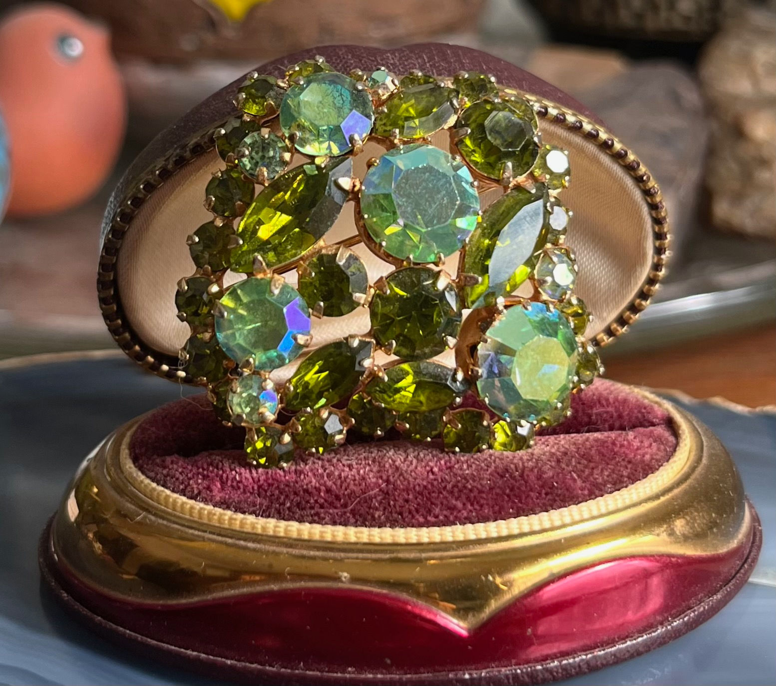 Vintage 1950s Green Rhinestone Brooch UV Reactive Uranium Glass
