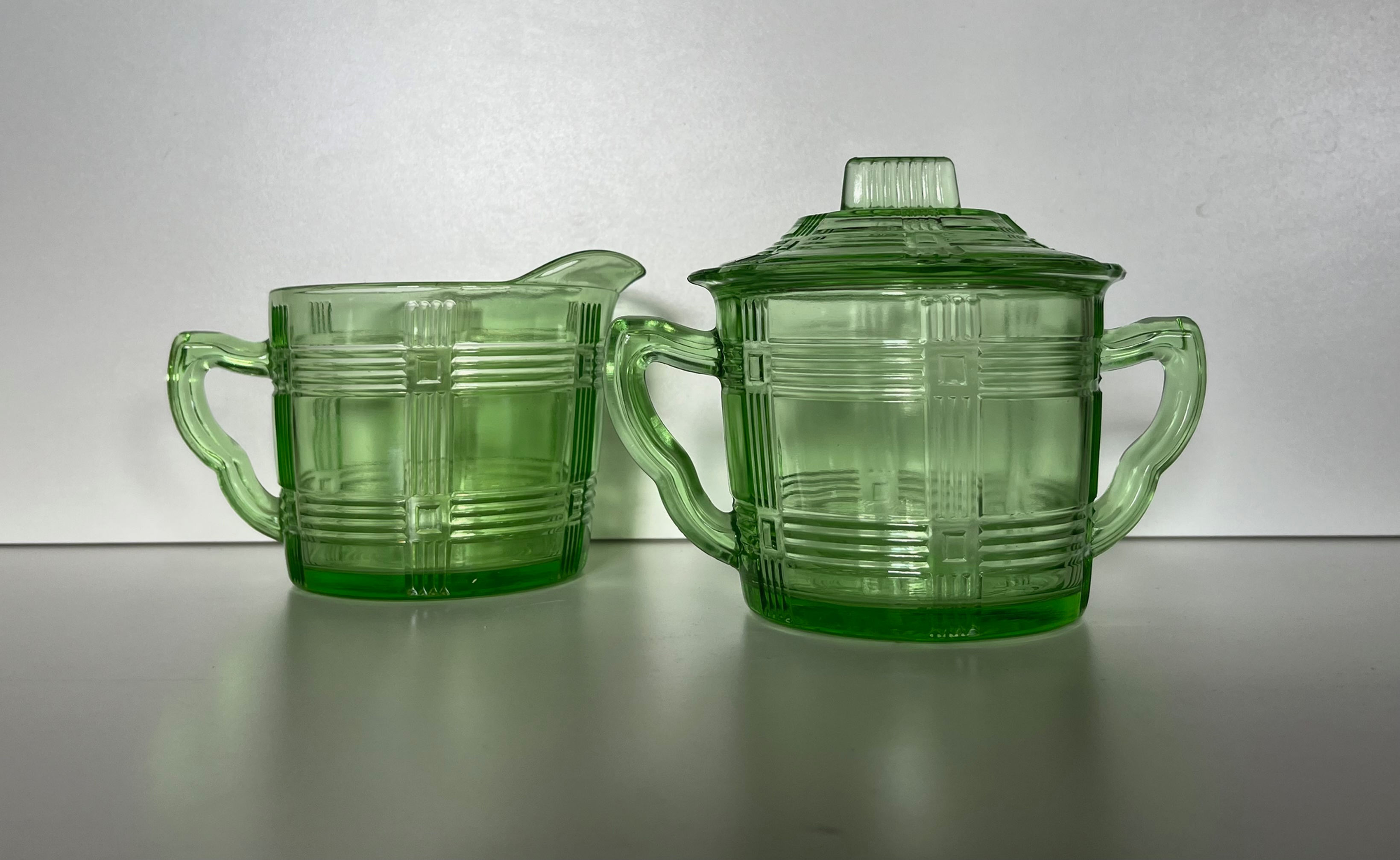 Vintage Hazel Atlas Criss Cross Creamer & Sugar UV Reactive Uranium Glass